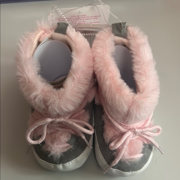 Cozy Pink and Gray Fuzzy Ankle Boots - Picture 1 of 8